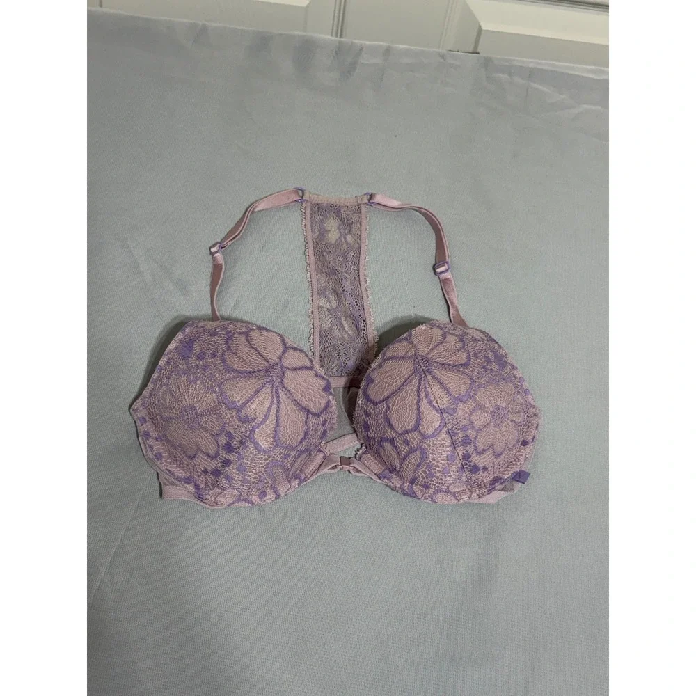 Victorias Secret Push-Up Bra 32C Purple Floral Lace Front Close T-Back